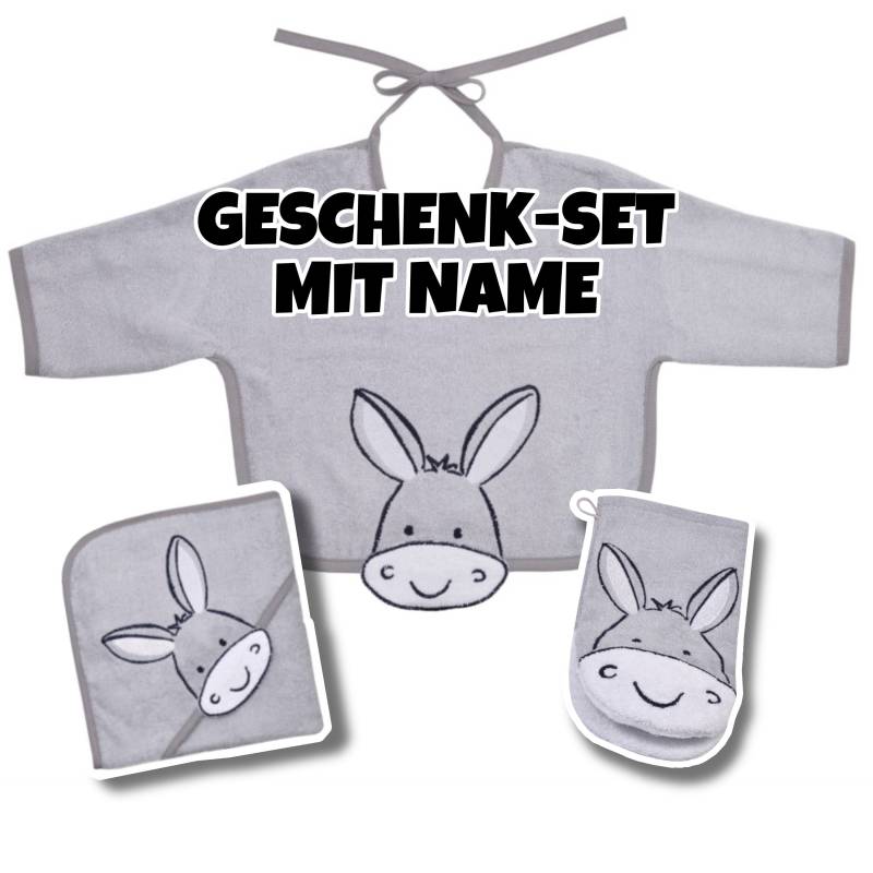 Baby Geschenkset Kapuzenhandtuch Personalisiert + Lätzchen Mit Name Waschhandschuh Namen | Geschenk Geburt von SticklingDE