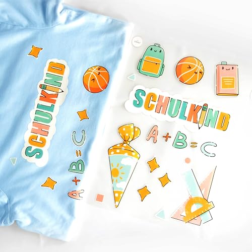 Bügelbilder Schulkind Set für Textilien, 2 Bögen DIN A4 mit Bügelvlies | Deko, Stoffreparatur von T-Shirts, Hoodies, Jeans, Schultüten | Patches für Kinder, Schule von Stickly