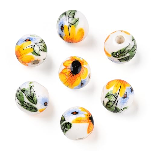 Stiesy 100 Stück handgefertigte Porzellanperlen 8 mm rund mit Sonnenblumenmuster, weiß glasierte Keramikperlen mit 1,8 mm Loch für Boho-Ohrringe, Armbänder, DIY-Blumen-Bastelbedarf Stiesy 100 Stück handgefertigte Porzellanperlen 8 mm rund mit Sonnenblumenmuster, weiß glasierte Keramikperlen mit 1,8 mm Loch für Boho-Ohrringe, Armbänder, DIY-Blumen-Bastelbedarf von Stiesy