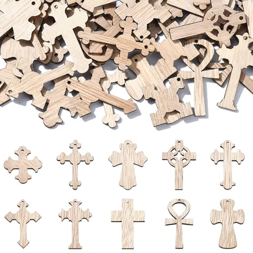 Stiesy 200 Stück unlackierte Holzanhänger Religion Rosenkranz Kreuz hängende Ornamente Holzmalerei Bastelbedarf für DIY Handwerk Ostern Heimdekorationen von Stiesy