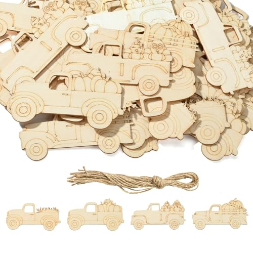 Stiesy 3 Sets Thanksgiving unlackierte Holzausschnitte Herbst LKW Kürbis blanko Holzanhänger Kit mit Jutekordel LKW-Form Holz hängende Ornament für DIY Handwerk Herbst Party Dekoration von Stiesy