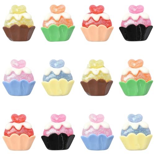 Stiesy 30 Stück 6 Farben Cupcake-Harz-Schleim-Charm-Perlen für süße Lebensmittel mit Herz, cremefarben, flache Rückseite, Perlen ohne Loch, für Bastelarbeiten, Haarspangen, Schmuckherstellung von Stiesy