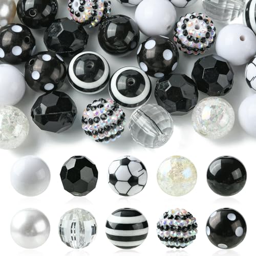 Stiesy 50 Stück 10 Stile Fußball Thema Perlen Acryl 20 mm runde Perlen Schwarz Weiß Serie Perlen Punktstreifen Abstandshalter Perlen Set für Handwerk Armband Schmuckherstellung von Stiesy