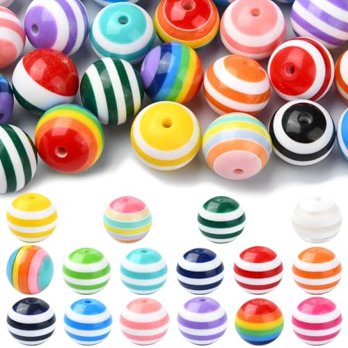 Stiesy 50 Stück Regenbogenfarbene, gestreifte Harzperlen, 20 mm, runde Perlen, Abstandshalter, klobige Kaugummi-Perlen, große runde lose Perlen für Halsketten, Armbänder, DIY-Schmuckherstellung, Stiesy 50 Stück Regenbogenfarbene, gestreifte Harzperlen, 20 mm, runde Perlen, Abstandshalter, klobige Kaugummi-Perlen, große runde lose Perlen für Halsketten, Armbänder, DIY-Schmuckherstellung, von Stiesy
