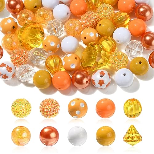 Stiesy 50 Stück Thanksgiving Thema Perlen Acryl 20 mm Runde Perlen Herbst Thema Perlen Punktmuster Orange Perlen Set für DIY Handwerk Armband Halskette Schmuck Herstellung von Stiesy