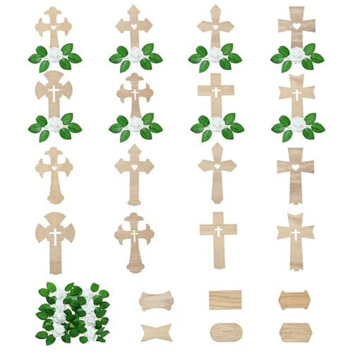 Stiesy 8 Sets 8 Stile unlackierte Holzkreuze stehend mit künstlichen grünen Blättern, Taufaufsatz, Religion, Heiliges Holzkreuz, Tischdekoration, Jesus-Kruzifix-Skulptur für Hochzeit, Heimdekoration von Stiesy