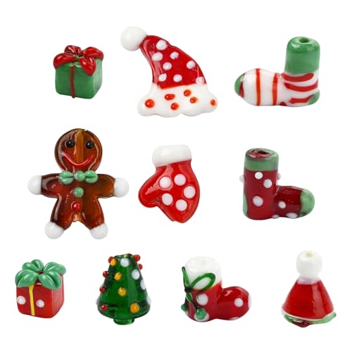 Stiesy Handgefertigte Glasperlen mit weihnachtlichem Motiv, rote Mütze, Strumpf, Handschuhe, Lebkuchenmann, Weihnachtsbaumform, Abstandshalter, Bastelperlen für Weihnachtsschmuckherstellung, 10 Stück Stiesy Handgefertigte Glasperlen mit weihnachtlichem Motiv, rote Mütze, Strumpf, Handschuhe, Lebkuchenmann, Weihnachtsbaumform, Abstandshalter, Bastelperlen für Weihnachtsschmuckherstellung, 10 Stück von Stiesy