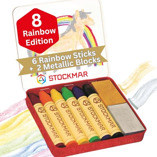 Stockmar Wachsmalstifte - Jubiläums Regenbogen Edition mit 6 bunten Malstiften und 2 Blöcken aus Wachs, verpackt im praktischen Blechetui, ideal für den Kindergarten, geeignet für Kinder ab 3 Jahren von Stockmar