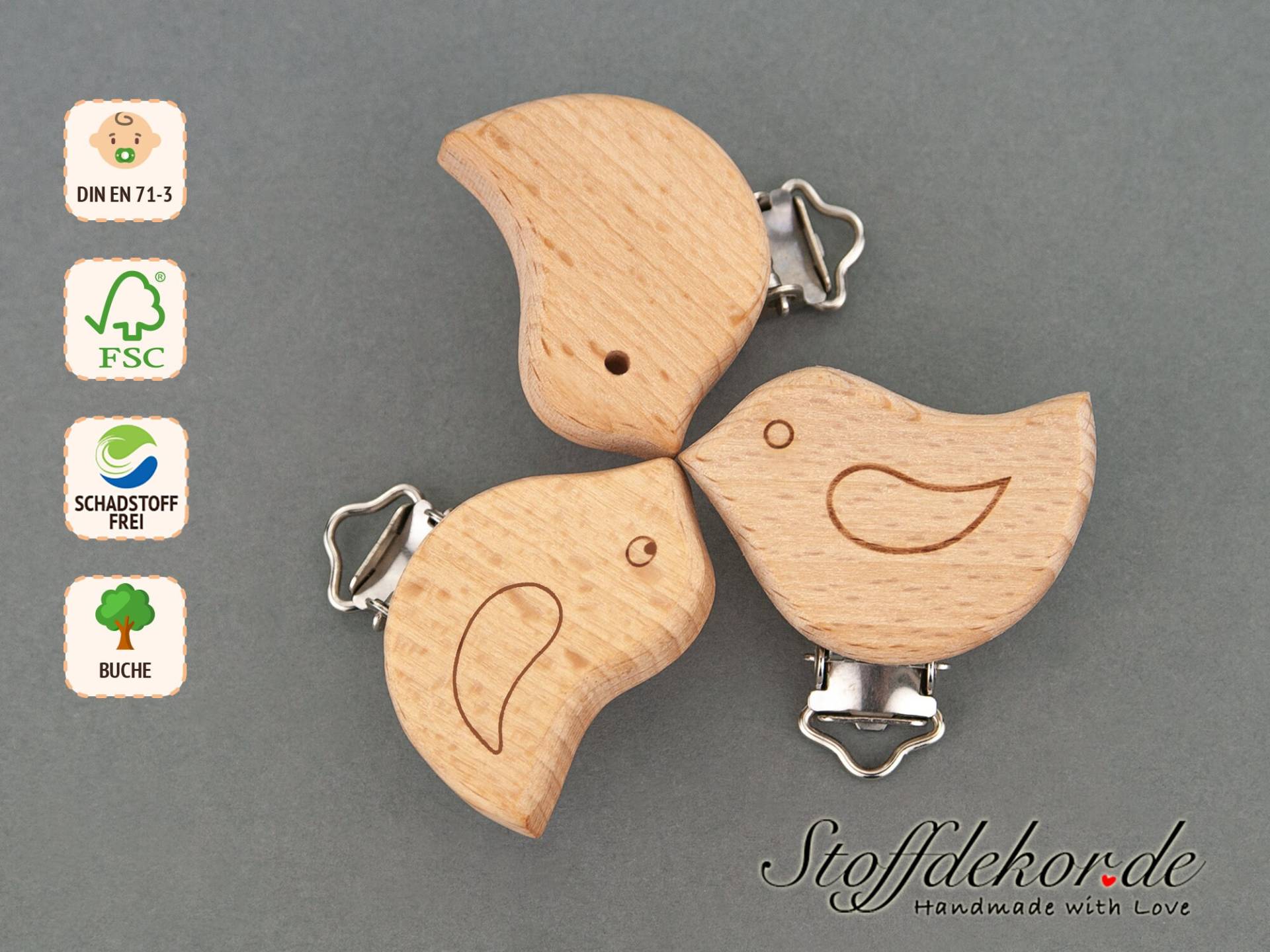 Holzclip Gravur Vogel Baby-Clip Schnullerclip Lasergravur Schnullerkettenclip Anhängerclip Clip Für Wagenanhänger Schnullerkette Spielkette von Stoffdekor