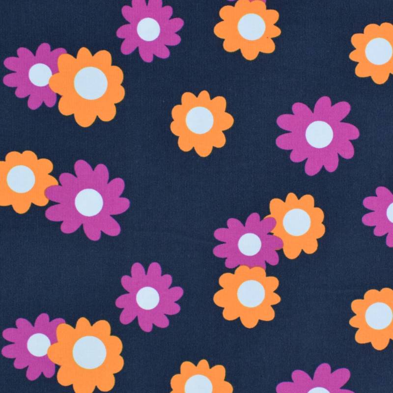 Babycord Retro Flowers, dunkelblau von Stoffe Hemmers