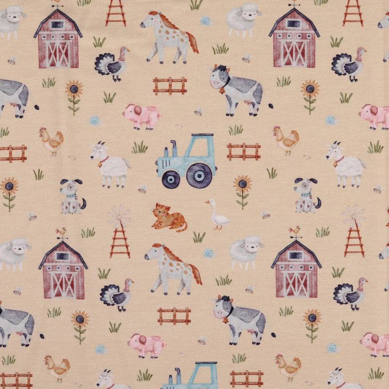 Baumwolljersey Animal Farm, beige von Stoffe Hemmers