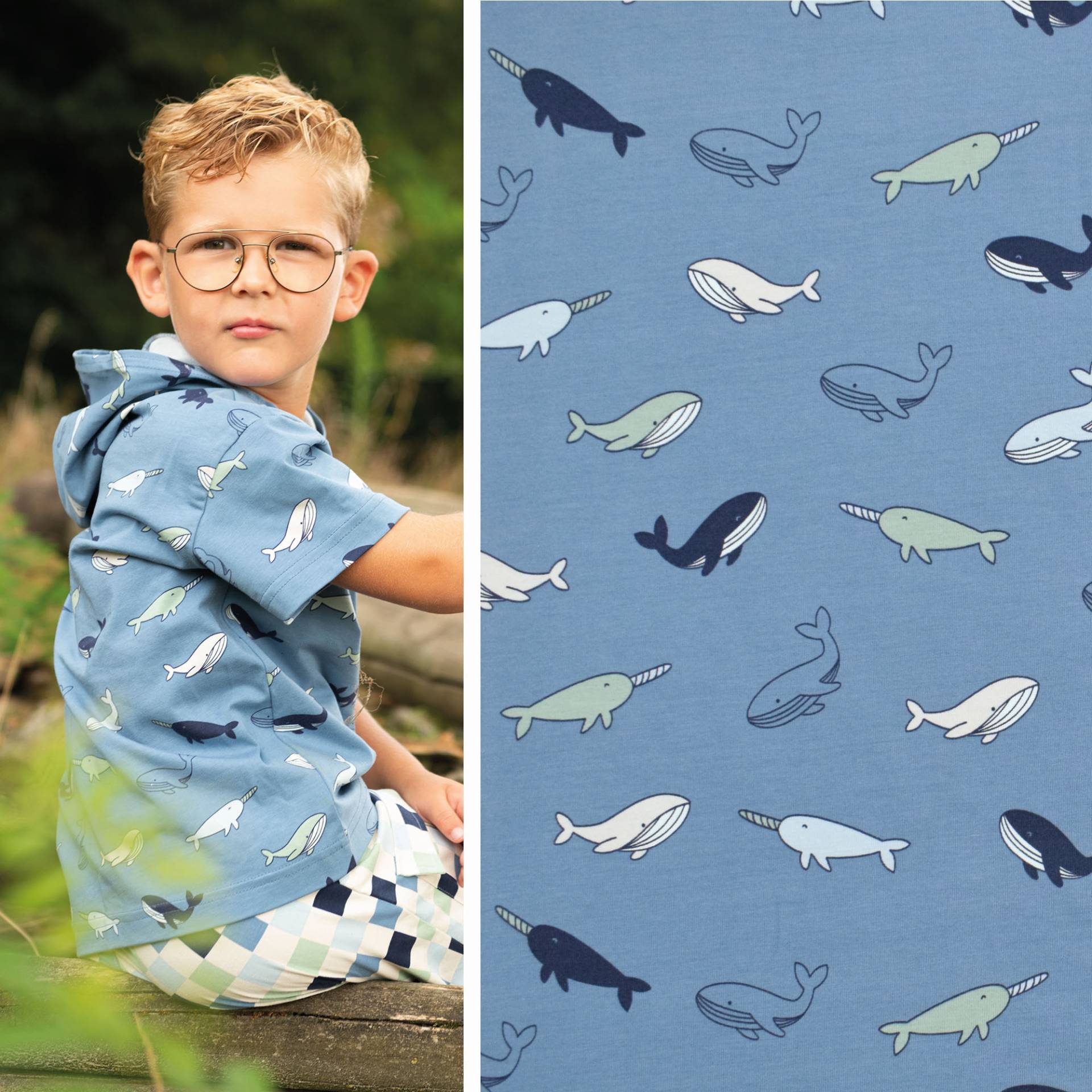 Baumwolljersey Whales Poppy, jeansblau von Stoffe Hemmers