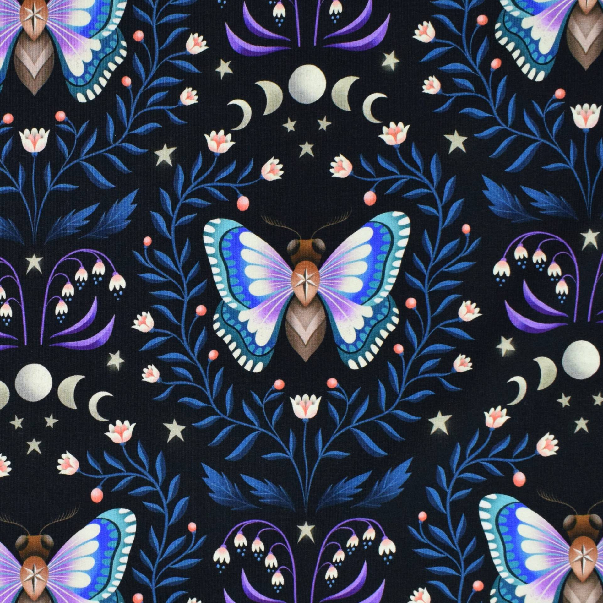 Sommersweat Albstoffe Hamburger Liebe Midnight Luna Moth, schwarz - blau von Stoffe Hemmers