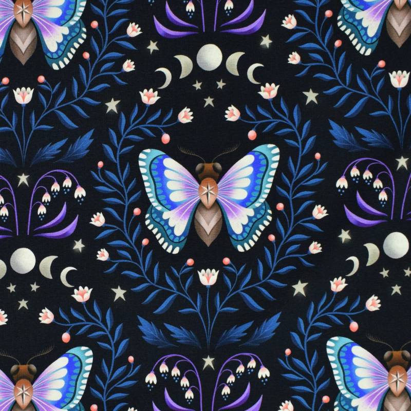 Sommersweat Albstoffe Hamburger Liebe Midnight Luna Moth, schwarz - blau von Stoffe Hemmers