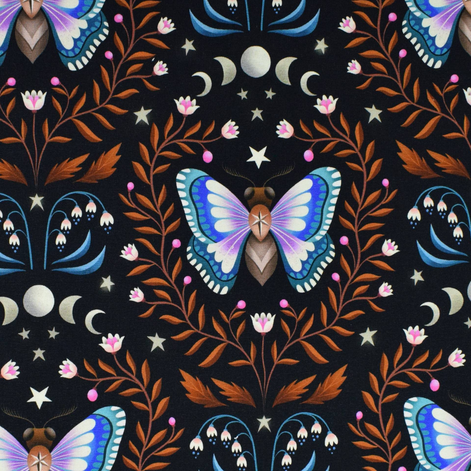 Sommersweat Albstoffe Hamburger Liebe Midnight Luna Moth, schwarz - braun von Stoffe Hemmers