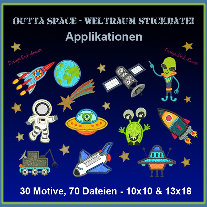 Stickdatei Rock Queen Weltraum Astronauten Applikationen von Stoffe Hemmers