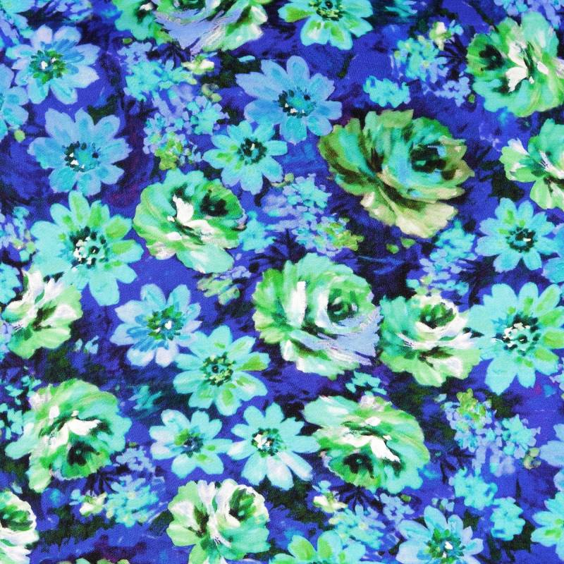 Viskose Satin Flowers, blau von Stoffe Hemmers