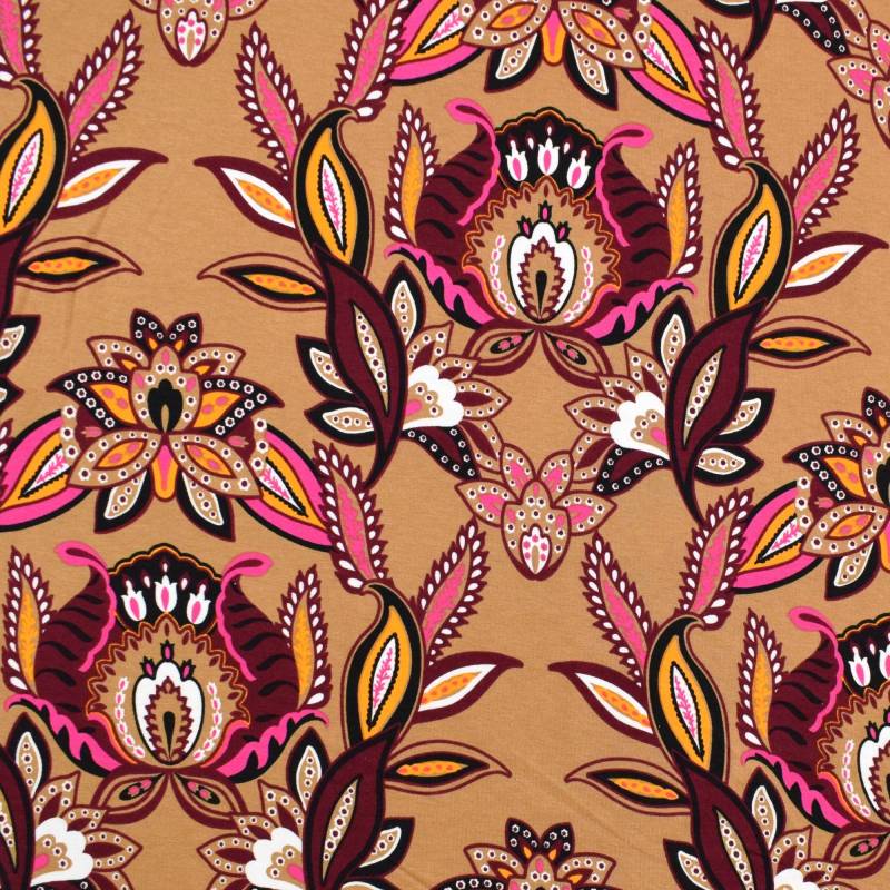 Viskosejersey Paisley Flowers, caramel von Stoffe Hemmers