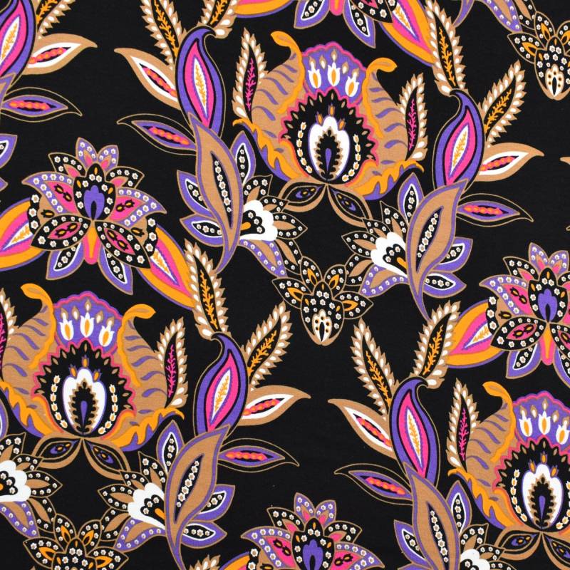 Viskosejersey Paisley Flowers, schwarz von Stoffe Hemmers