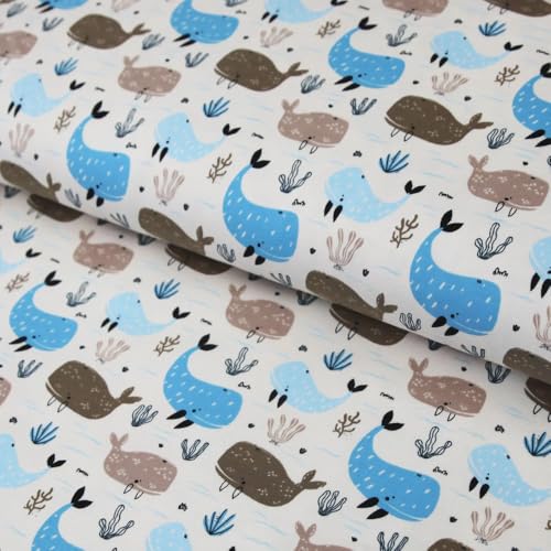 Baumwolljersey "Wale in blau auf beige" Kinderstoff mit Fischen - Premium Jerseystoff ab 25 cm Länge von Stoffe Kudellino