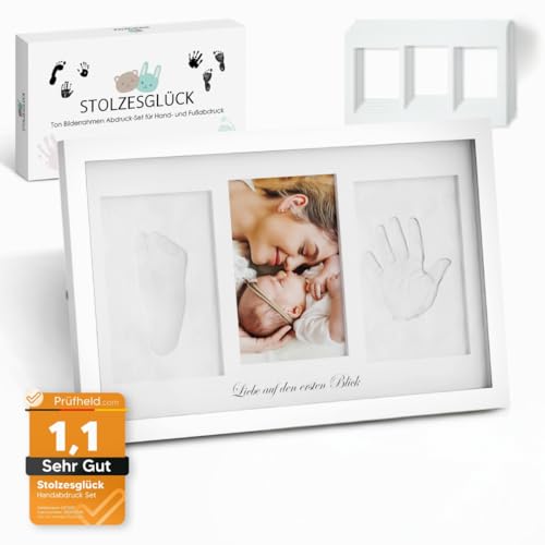 Stolzesglück Fußabdruck und Handabdruck Baby Set–Tonabdruck Baby Hand und Fuß | Personalisierbarer Papier Rahmen inkl. Zubehör Echtholz Rahmen | geprüfte Qualität Sicher & Sauber | Handabdruck Baby von Stolzesglück