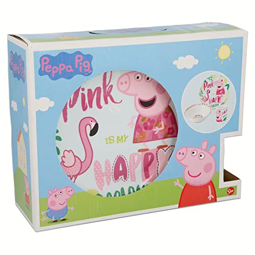 Stor - 3-teiliges Keramik-Set (Bowl, Dessertteller, Tasse) mit Peppa Wutz und rosa Flamingo von Stor