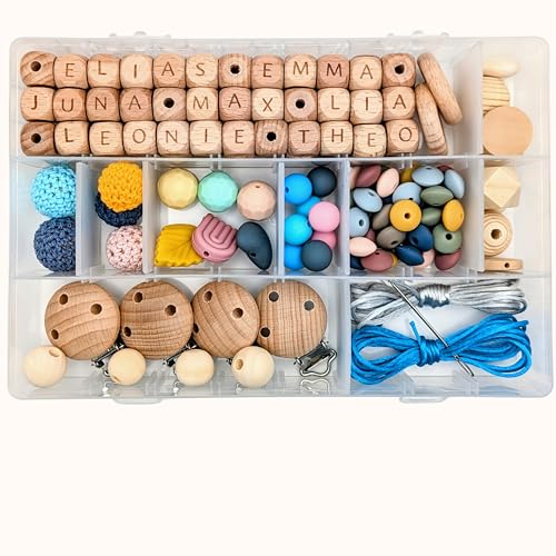 Storchenkind® 141 Teile DIY Bastelset inkl. Videoanleitung, Geschenk zur Geburt zum selber machen Set, Kreative Babyparty spiele Silikon- Holzperlen von Storchenkind