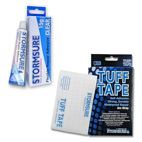 Stormsure Flexibler Reparaturkleber + TUFF Tape Extra starkes Reparaturband – 15 g klarer Kleber + 2 m x 7,5 cm Klebeband – stark, haltbar, flexibel: Ideal für viele Reparaturen von Stormsure