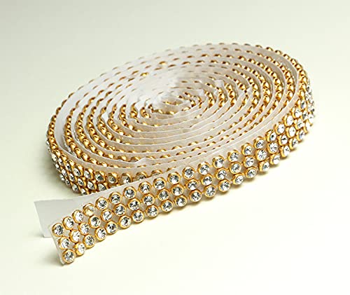 Crystal/Gold Mesh Strassband SS8 SELBSTKLEBEND Breite wählbar, 1,15m lang Strasssteine Klar 3 reihig / 10 mm x ca.1150 mm von Strass-Box Bänder selbstklebend