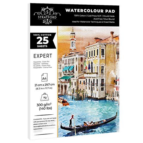 Stratford Expert Aquarellpapier, 100 % Baumwolle, A4, 25 Blatt, 300 g/m², kaltgepresst, Künstlerqualität für Kunst und Mischmedien von Stratford Arts