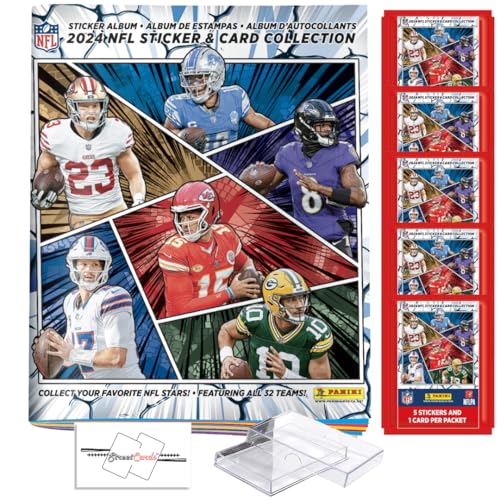 2024 Panini NFL-Sticker & Kartensammlung + 25 Stück Schutzkartenbox + StreetCards Magnet! (5 Packungen + Album (25 Aufkleber & 5 Karten), 1, Count) von StreetCards