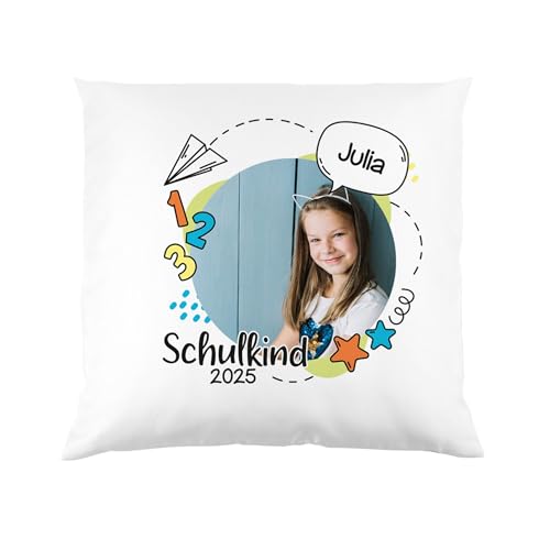 Striefchen® Personalisiertes Kissen zur Einschulung mit eigenem Foto, 40x40 cm (Bunt) von Striefchen