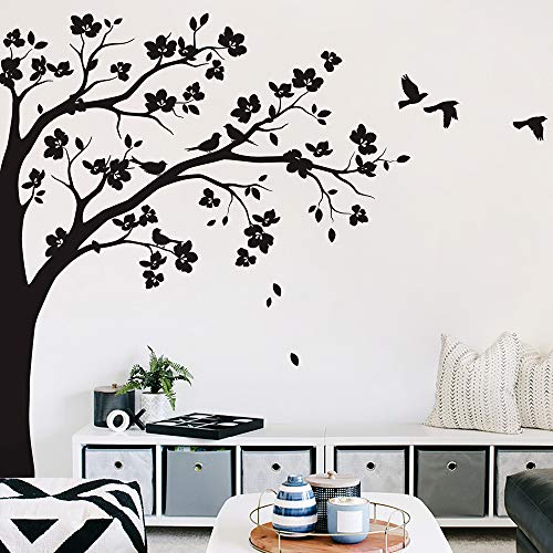 Große Ecke Baum Wandaufkleber Wandtattoo mit großen Blüten, Vögel und Blätter Kinderzimmer Wandkunst Aufkleber Wandbild 087 (Äste nach rechts, Alles in Schwarz) von Studio Quee