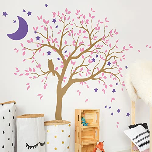 Großer Baum Wandaufkleber mit Eule, Mond und Sternen Kinderzimmer Wandbild Dekoration 088 (Äste nach rechts, Hellbraun, Zartrosa, Lavendel) von Studio Quee