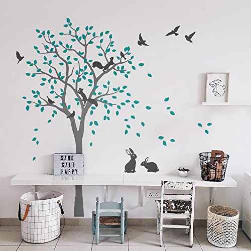 Großer Baum Wandaufkleber mit Vögeln, Eichhörnchen und Kaninchen Hasen Kinderzimmer Wanddekoration 095 (Grau, Türkis, Dunkelgrau) von Studio Quee