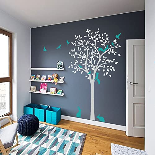 Großer Baum Wandaufkleber mit Vögeln, Eichhörnchen und Kaninchen Hasen Kinderzimmer Wanddekoration 095 (Hellgrau, Weiß, Türkis) von Studio Quee