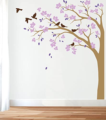 Studio Quee Große Ecke Baum Wandaufkleber Wandtattoo mit großen Blüten, Vögel und Blätter Kinderzimmer Wandkunst Aufkleber Wandbild 087 (Äste nach links, Hellbraun; Lavendel; Lila; Braun) von Studio Quee