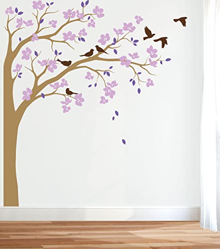 Studio Quee Große Ecke Baum Wandaufkleber Wandtattoo mit großen Blüten, Vögel und Blätter Kinderzimmer Wandkunst Aufkleber Wandbild 087 (Äste nach rechts, Hellbraun; Lavendel; Lila; Braun) von Studio Quee