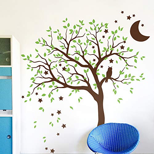 Studio Quee Großer Baum Wandaufkleber mit Eule, Mond und Sternen Kinderzimmer Wandbild Dekoration 088 (Äste nach links, Braun, Lindengrün) von Studio Quee