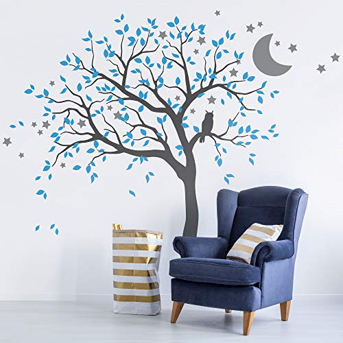 Studio Quee Großer Baum Wandaufkleber mit Eule, Mond und Sternen Kinderzimmer Wandbild Dekoration 088 (Äste nach links, Dunkelgrau, Eisblau, Mittelgrau) von Studio Quee