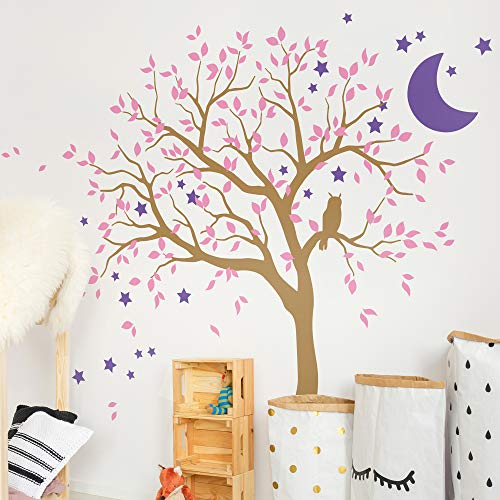 Studio Quee Großer Baum Wandaufkleber mit Eule, Mond und Sternen Kinderzimmer Wandbild Dekoration 088 (Äste nach links, Hellbraun, Zartrosa, Lavendel) von Studio Quee