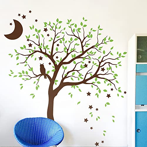 Studio Quee Großer Baum Wandaufkleber mit Eule, Mond und Sternen Kinderzimmer Wandbild Dekoration 088 (Äste nach rechts, Braun, Lindengrün) von Studio Quee