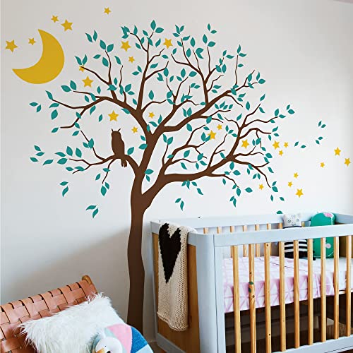 Studio Quee Großer Baum Wandaufkleber mit Eule, Mond und Sternen Kinderzimmer Wandbild Dekoration 088 (Äste nach rechts, Braun, Türkis, Gelb) von Studio Quee