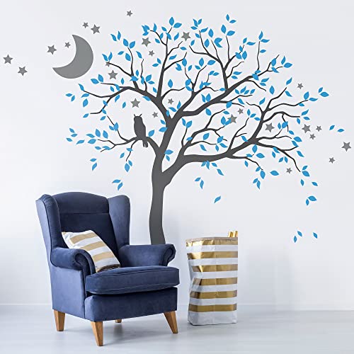 Studio Quee Großer Baum Wandaufkleber mit Eule, Mond und Sternen Kinderzimmer Wandbild Dekoration 088 (Äste nach rechts, Dunkelgrau, Eisblau, Mittelgrau) von Studio Quee