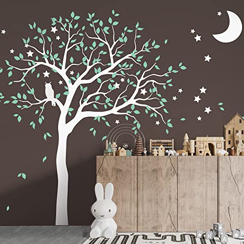 Studio Quee Großer Baum Wandaufkleber mit Eule, Mond und Sternen Kinderzimmer Wandbild Dekoration 088 (Äste nach rechts, Weiß, Minze) von Studio Quee