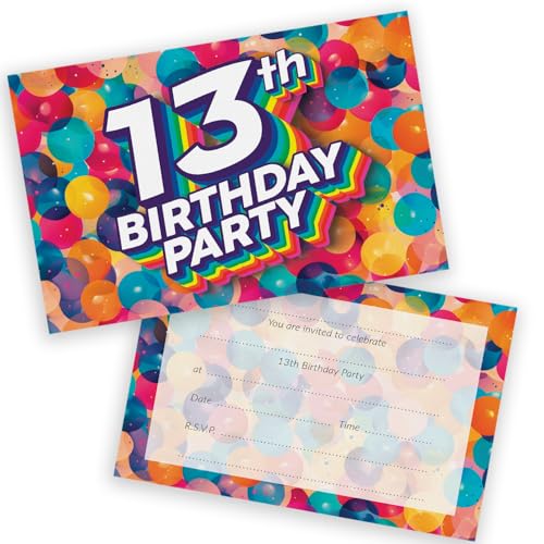 Party-Einladungen zum 13. Geburtstag, Teenager, Regenbogenballons, 36 Stück, Kindergeburtstagseinladungen für Jungen/Mädchen, A6, Geburtstagsparty-Einladungskarten mit Klappumschlägen von Stuff4