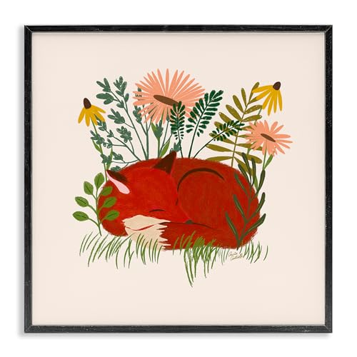 Stupell Industries Carrie Cantwell Giclée-Wandkunst, Motiv: schlafender Fuchs unter Gänseblümchen, gerahmt, 61 x 61 cm, Schwarz von Stupell Industries