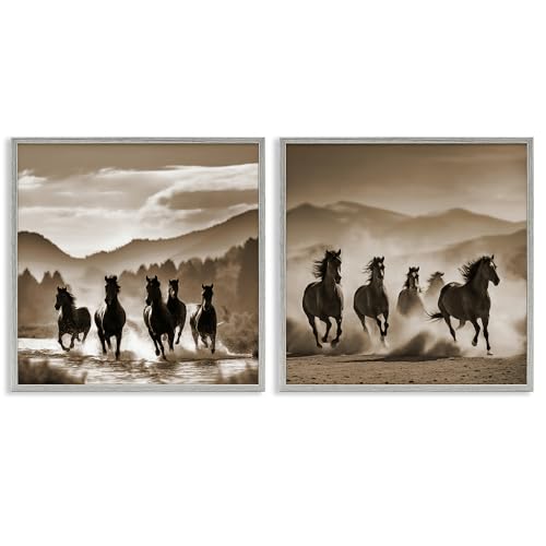 Stupell Industries Noah Bay Giclée-Wandkunst-Set, Motiv: Running Mountain Hengste, gerahmt, Grau, 43,2 x 43,2 cm, 2 Stück von Stupell Industries