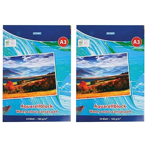 Stylex 28691 - Aquarellblock DIN A3, 24 Blatt 185 g/m², mit Kopfleimung, ideal für Amateur- und professionelle Künstler gleichermaßen (Packung mit 2) von Stylex