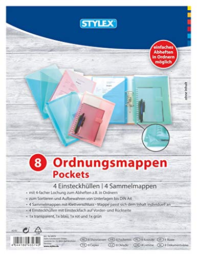 Stylex 43574 - 8 teiliges Ordnungsmappen-Set in 4 Farben mit 4 Einsteckhüllen und 4 Sammelmappen, für Dokumente bis DIN A4 von Stylex